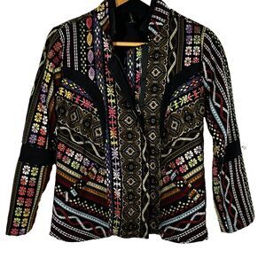 Sacred Threads Jacket Size Small Full Zip Embroidered Cotton Black Colorful